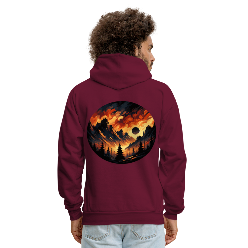 Men's Brushed Orange and Black Mountain Range Graphic Hoodie with Logo - burgundy