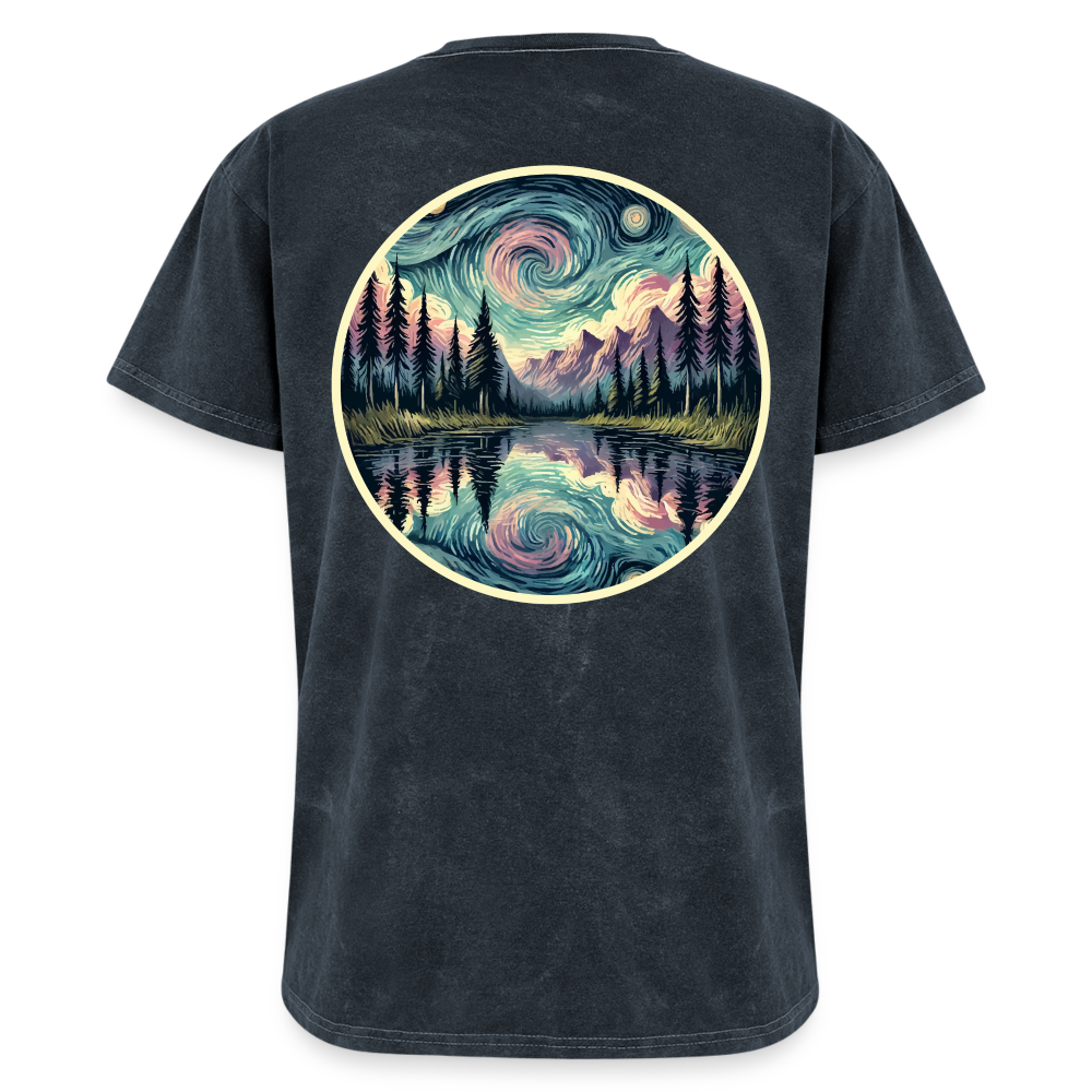 Purple Swirling Sky Reflected on Lake Graphic Unisex Mineral Wash T-shirt with Logo - mineral navy