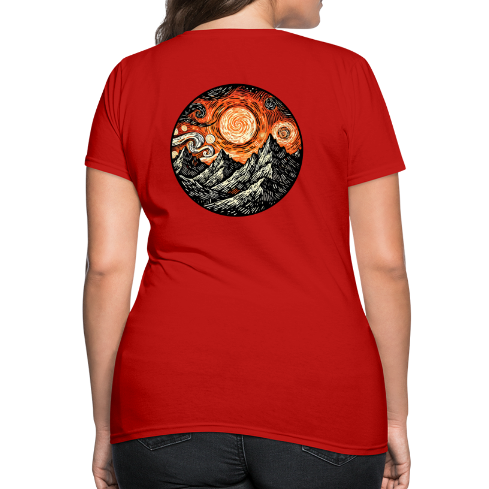 Women's Orange Swirling Mountains Graphic T-Shirt with Logo - red