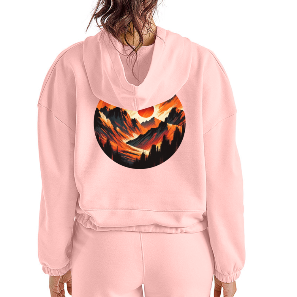 Women’s Orange and Black Mountain Range Graphic Cropped Hoodie with Logo - light pink