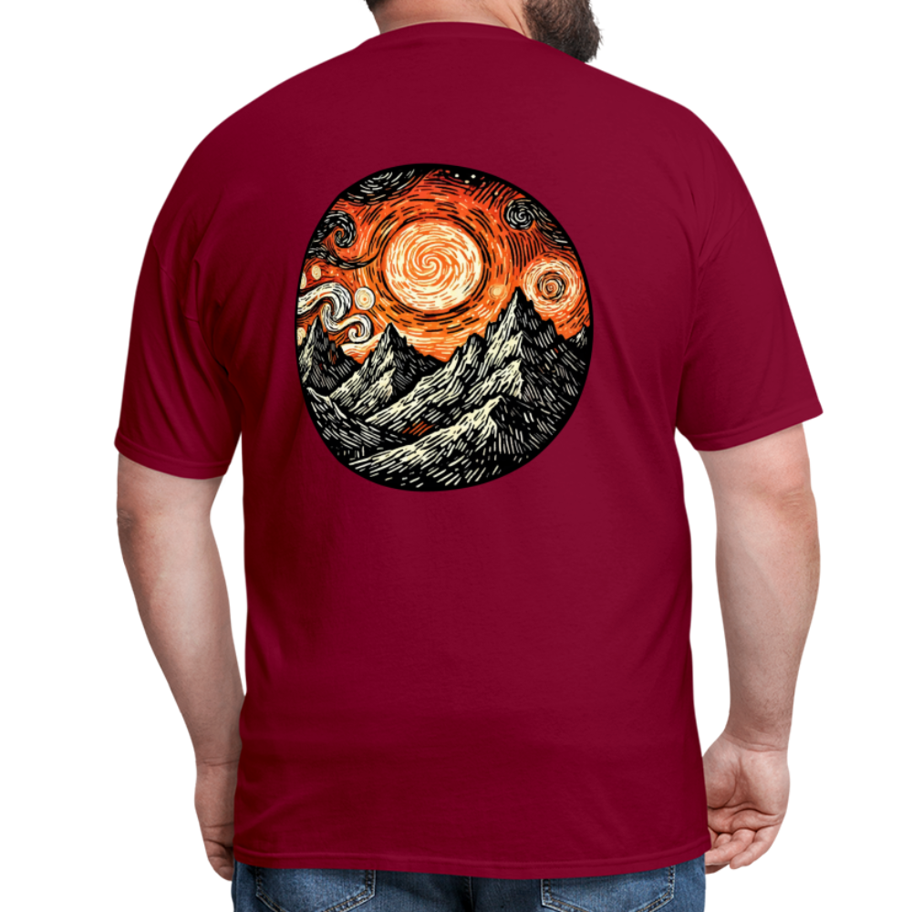 Orange Swirling Mountains Graphic Unisex Classic T-Shirt with Logo - burgundy