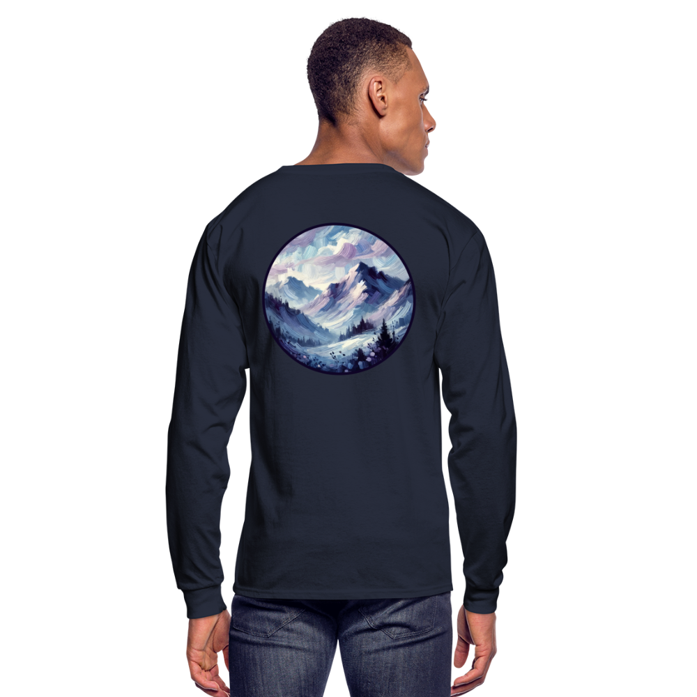 Men's Lavender Blue Mountain Range Graphic Long Sleeve Shirt with Logo - navy