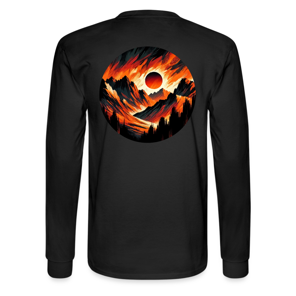 Men's Orange and Black Mountain Range Graphic Long Sleeve Shirt with Logo - black