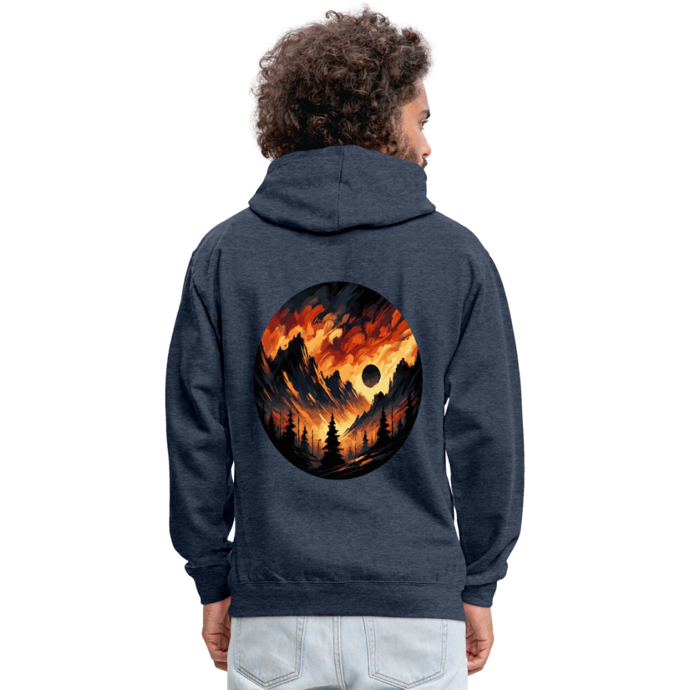 Brushed Orange and Black Mountain Range Graphic Unisex Contrast Hoodie with Logo - indigo heather/asphalt