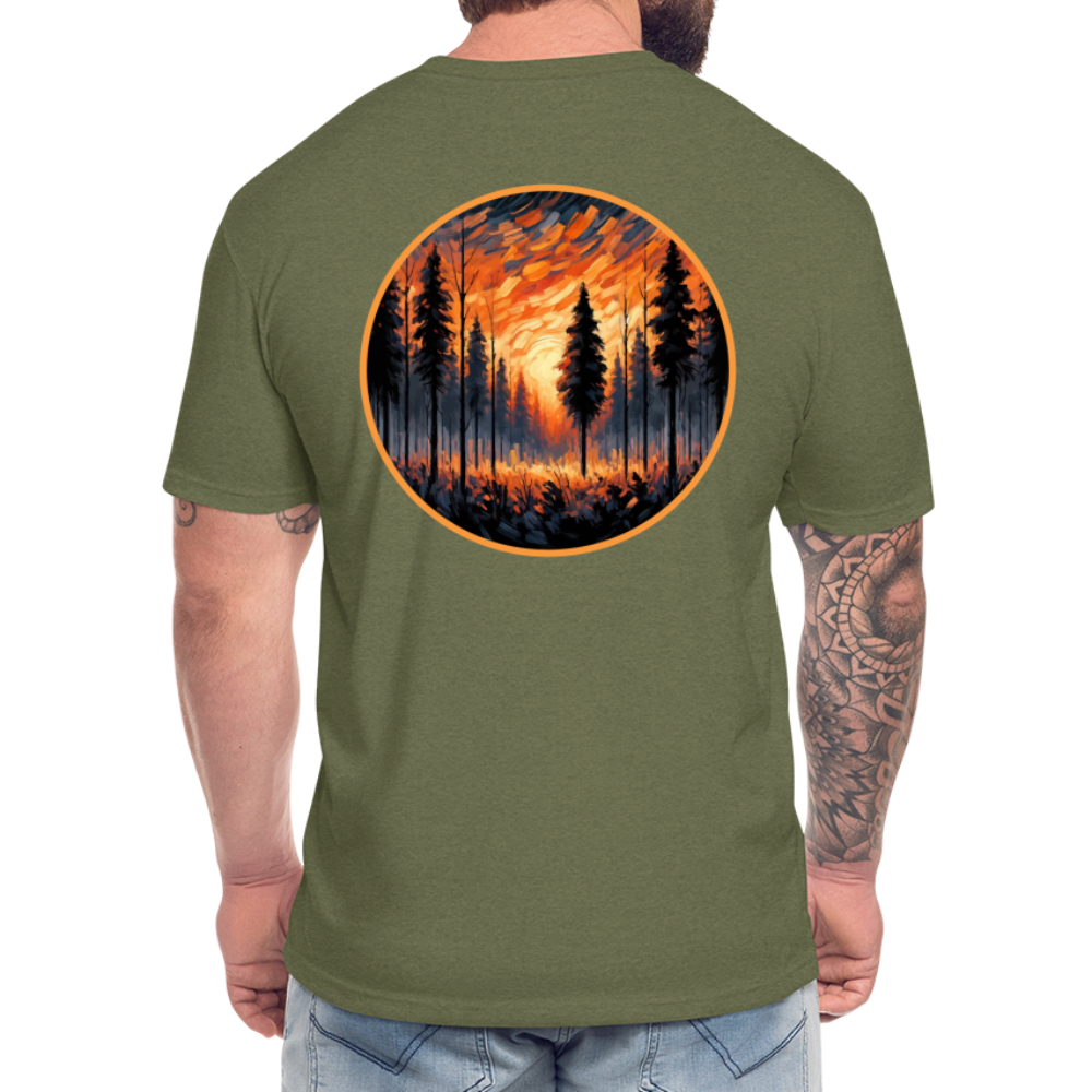 Orange Forest Sunset Graphic Unisex Fitted Cotton/Poly T-Shirt with Logo - heather military green