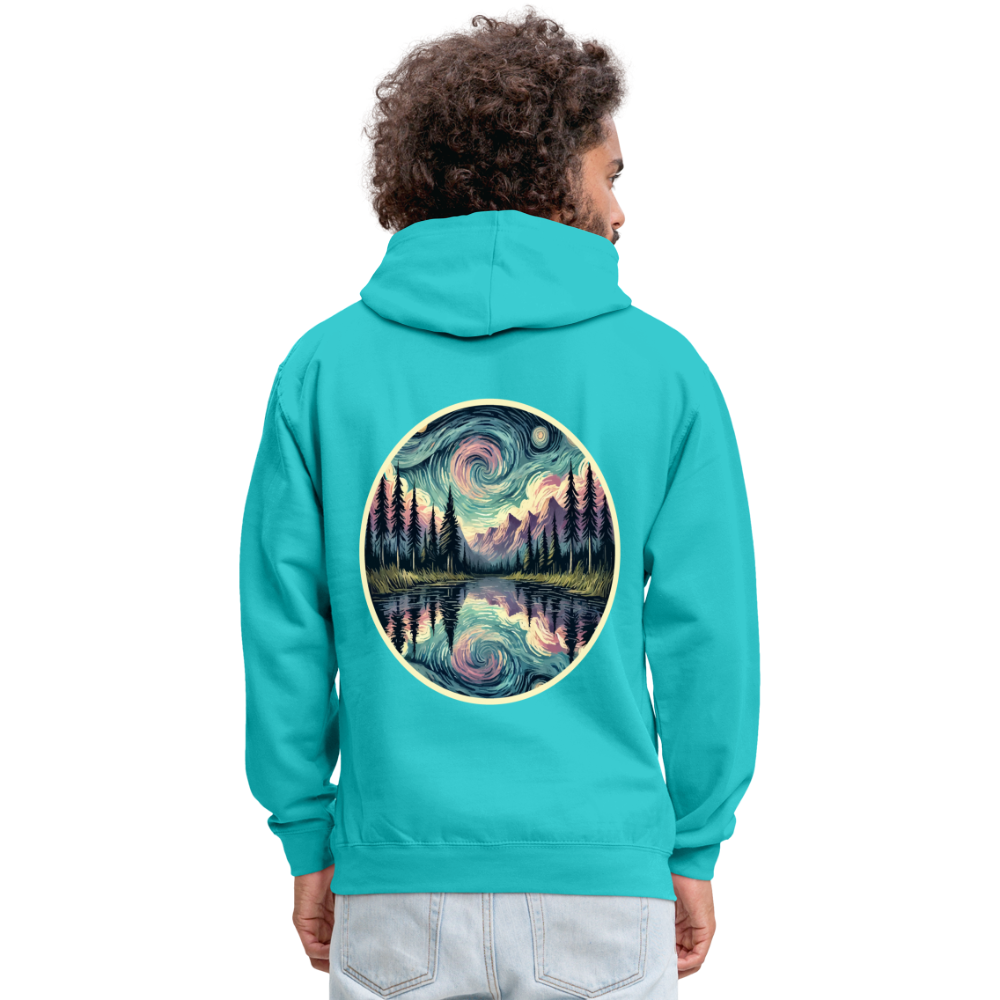 Purple Swirling Sky Reflected on Lake Graphic Unisex Contrast Hoodie with Logo - scuba blue/asphalt