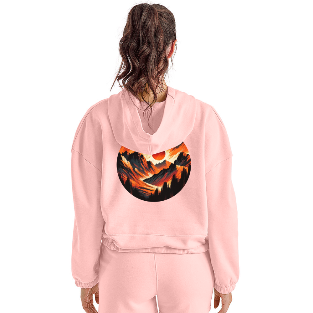 Women’s Orange and Black Mountain Range Graphic Cropped Hoodie with Logo - light pink