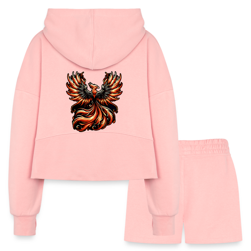 Women’s Phoenix Graphic Half Zip Cropped Hoodie & Jogger Short Set with Logo - light pink