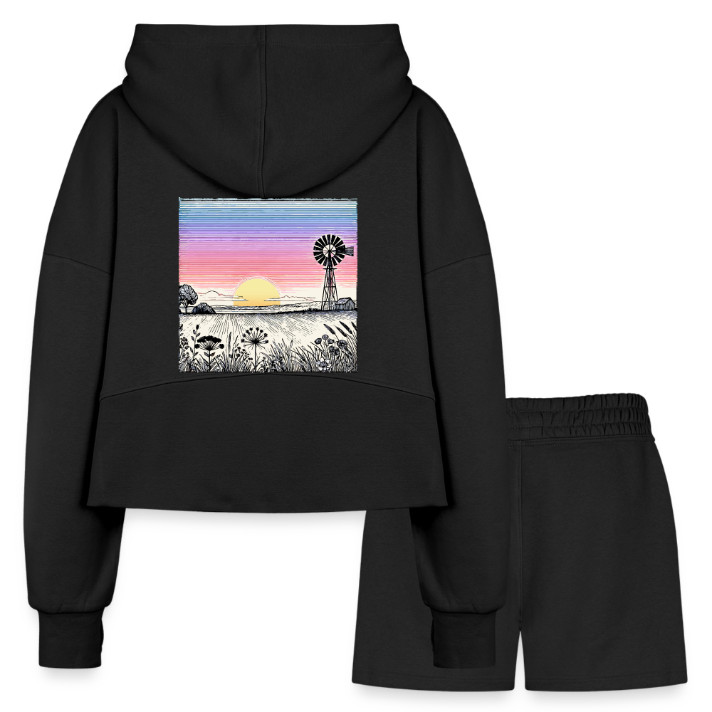 Women’s Colored Prairie Landscape Graphic Half Zip Cropped Hoodie & Jogger Short Set with Logo - black