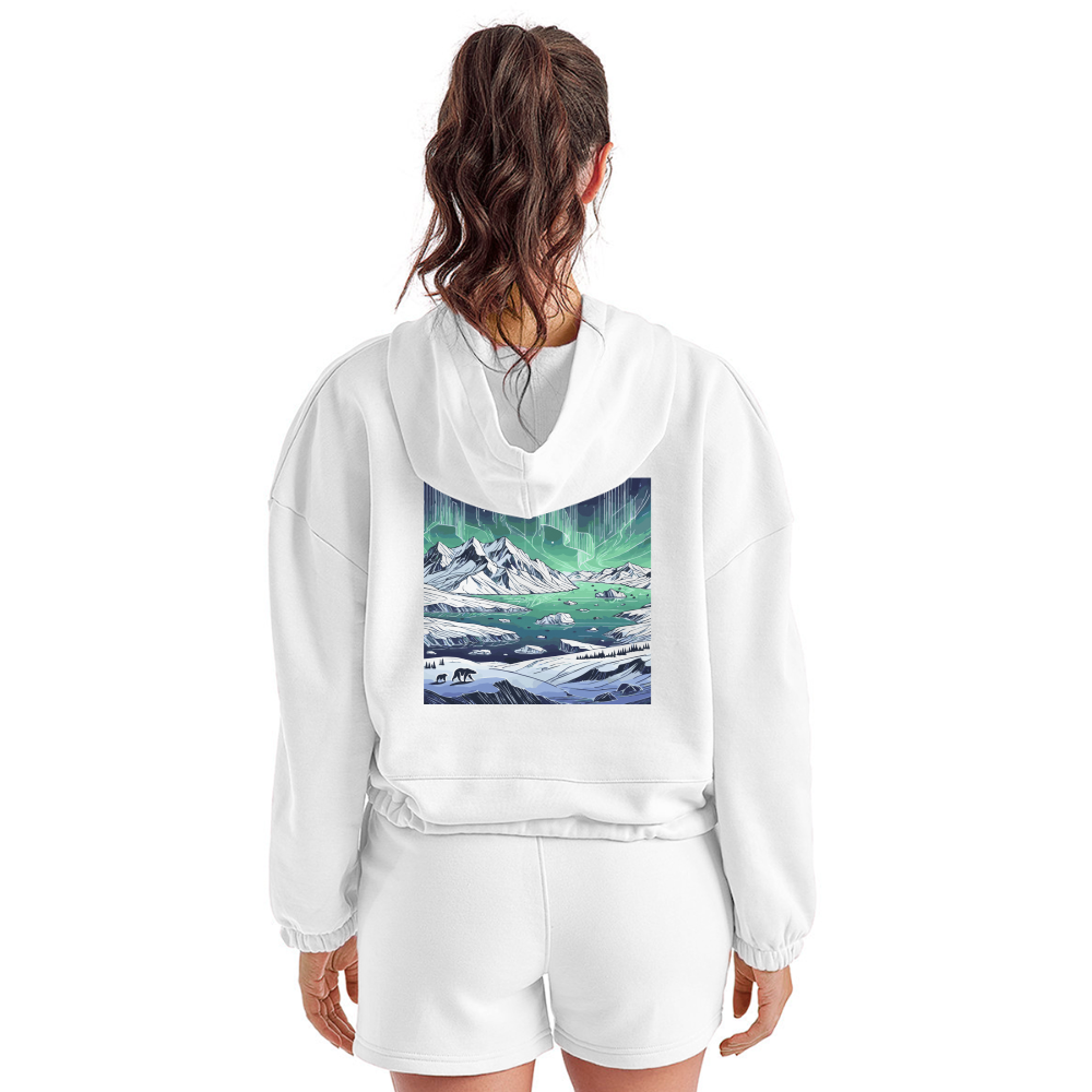 Women’s Colored Northern Lights Arctic Landscape Graphic Cropped Hoodie with Logo - white