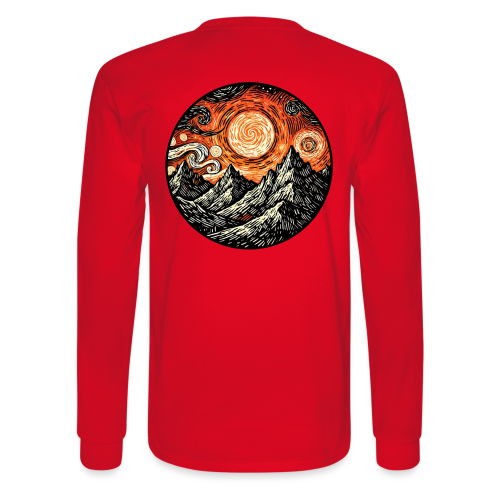 Men's Orange Swirling Mountains Graphic Long Sleeve Shirt with Logo - red