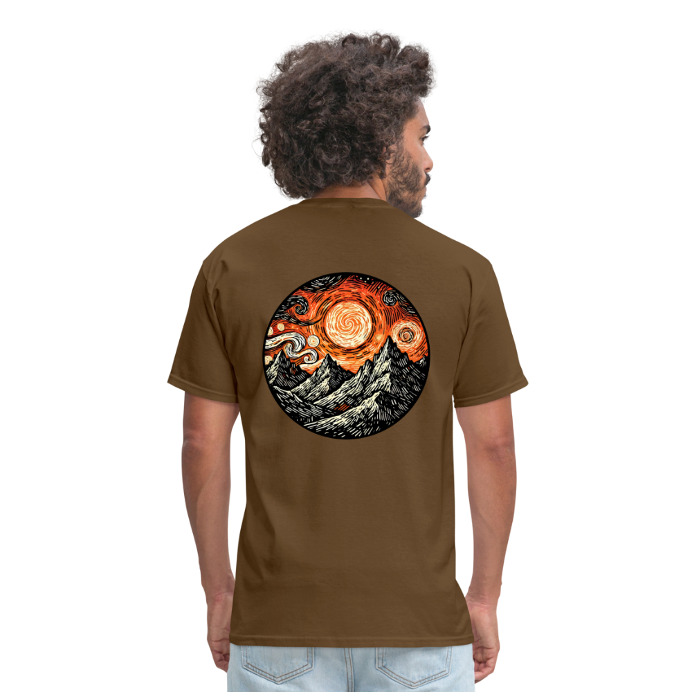 Orange Swirling Mountains Graphic Unisex Classic T-Shirt with Logo - brown