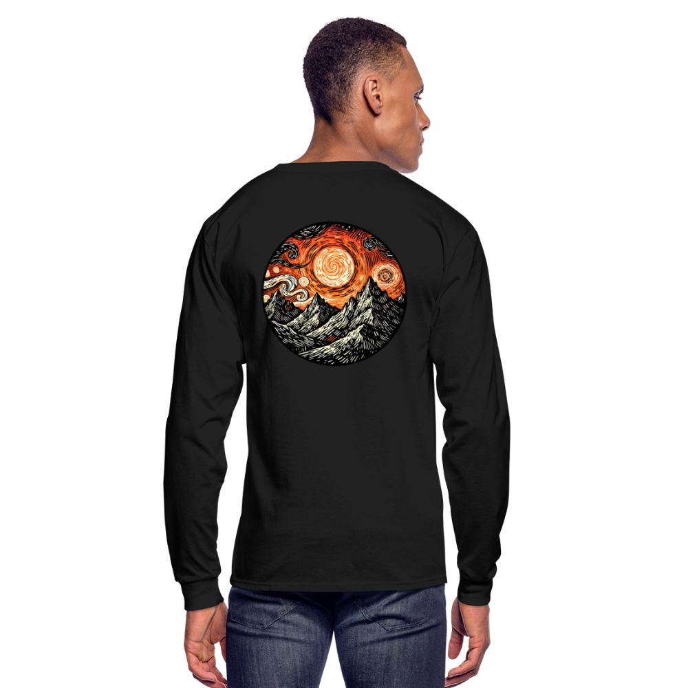 Men's Orange Swirling Mountains Graphic Long Sleeve Shirt with Logo - black