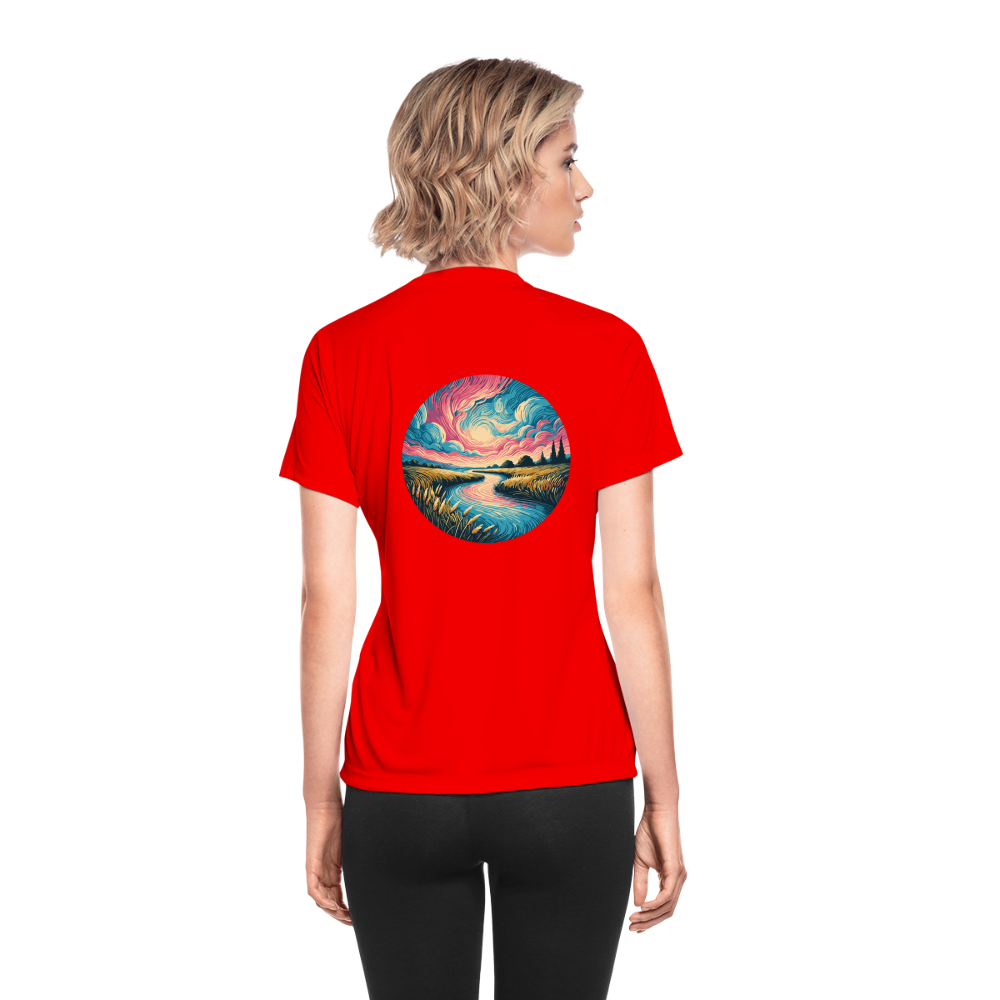 Women's River Pink and Blue Sky Graphic Moisture Wicking Performance T-Shirt with Logo - red