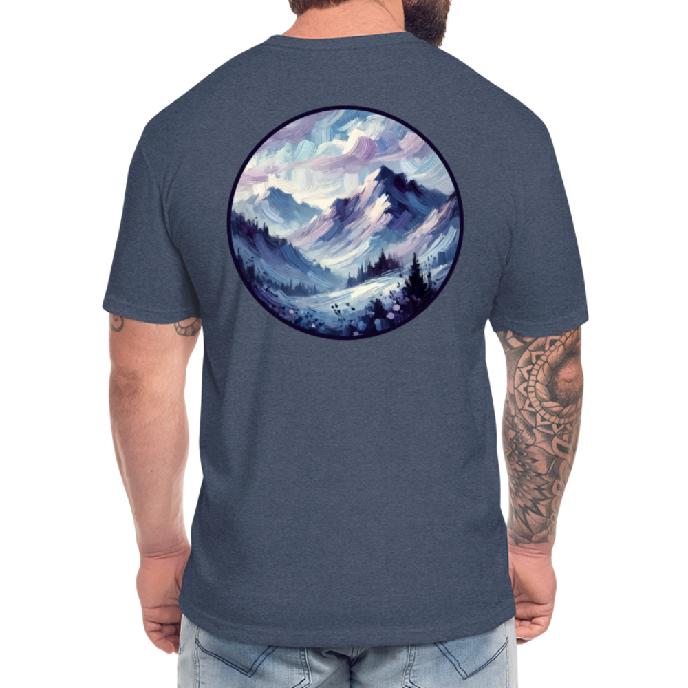 Lavender Blue Mountain Range Graphic Unisex Fitted Cotton/Poly T-Shirt with Logo - heather navy