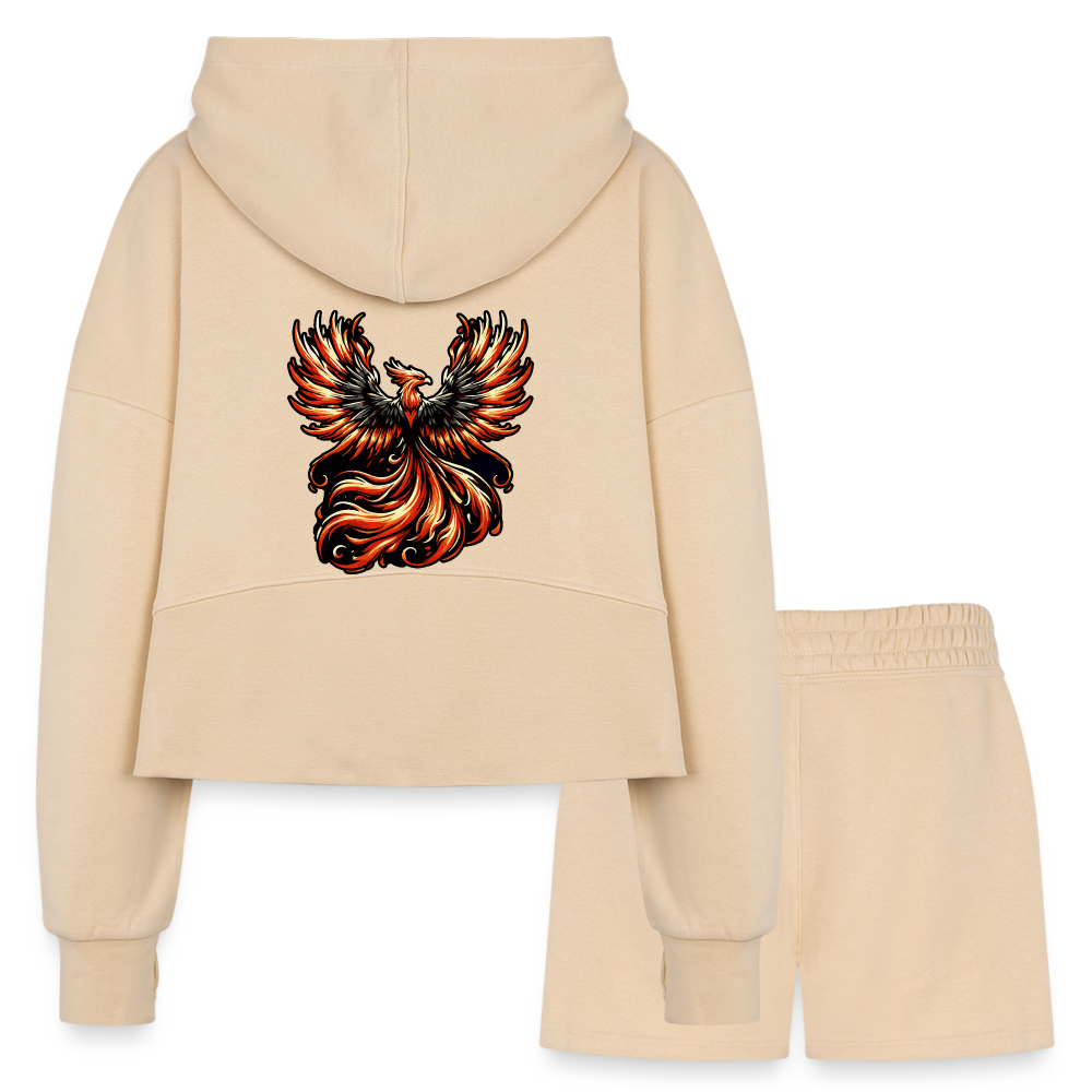 Women’s Phoenix Graphic Half Zip Cropped Hoodie & Jogger Short Set with Logo - nude