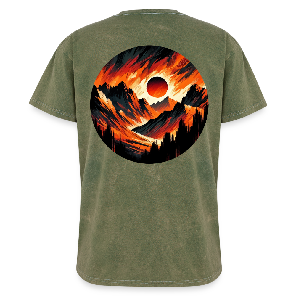 Orange and Black Mountain Range Graphic Unisex Mineral Wash T-shirt with Logo - mineral green