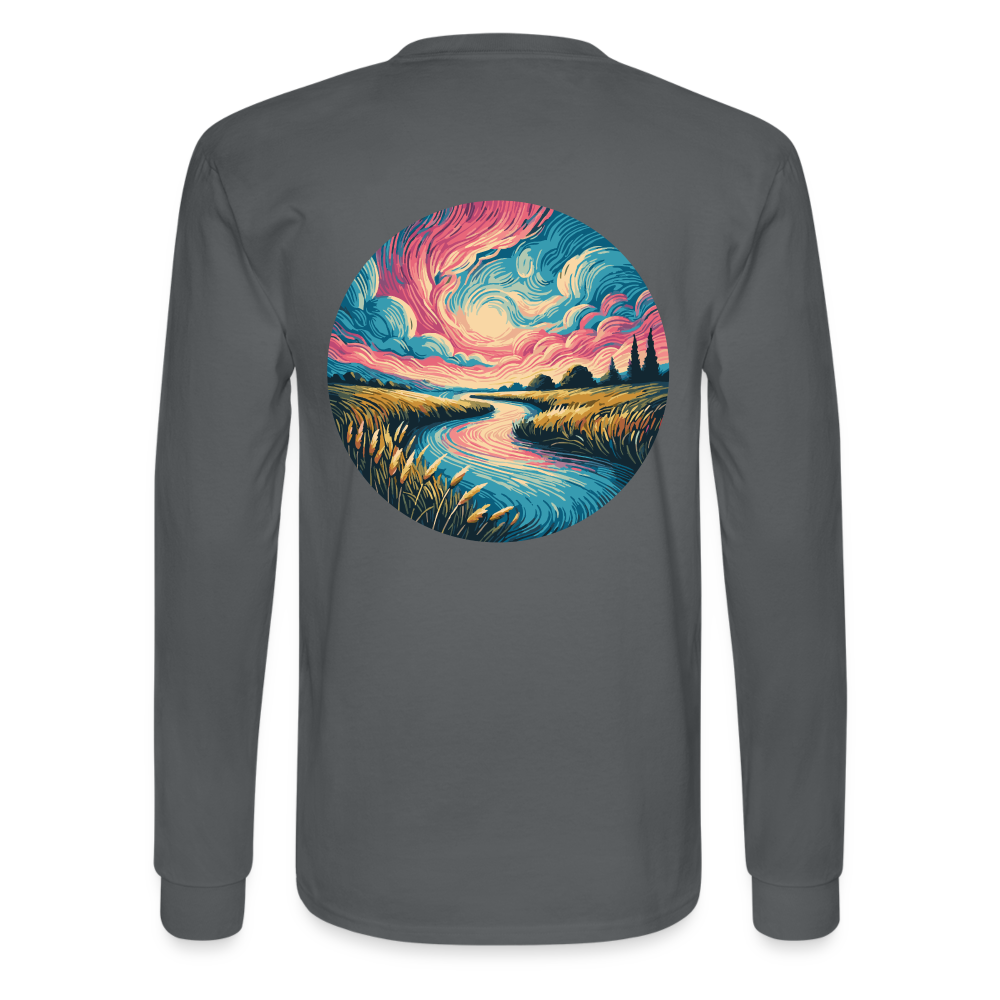 Men's River Pink and Blue Sky Graphic Long Sleeve Shirt with Logo - charcoal