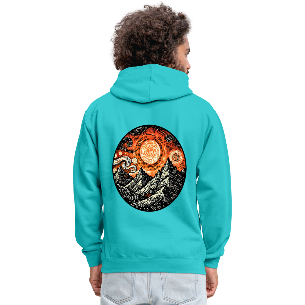 Orange Swirling Mountains Graphic Unisex Contrast Hoodie with Logo - scuba blue/asphalt