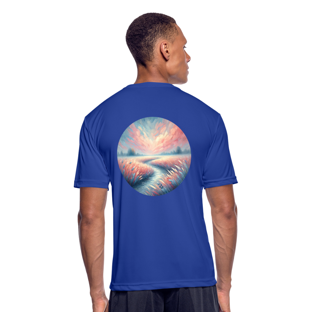 Men’s River Meadow Graphic Moisture Wicking Performance T-Shirt with Logo - royal blue