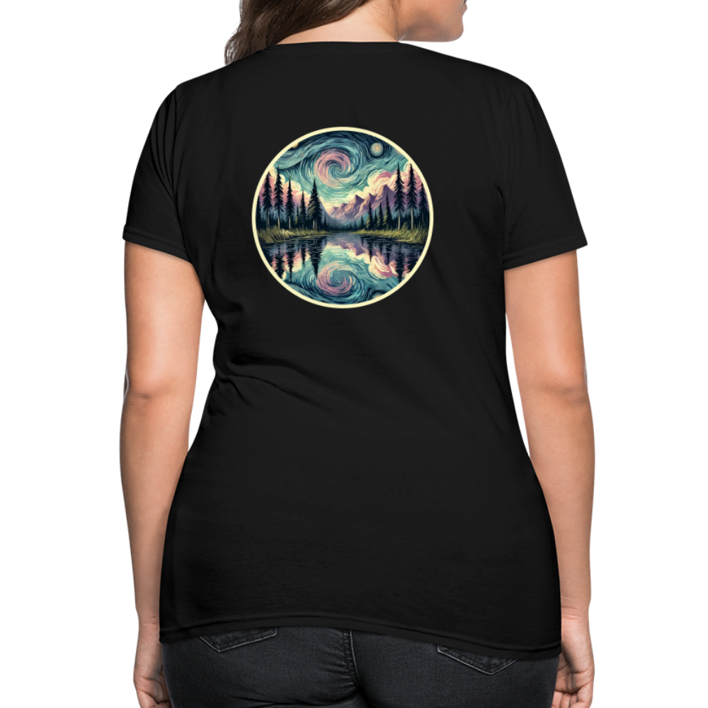 Women's Purple Swirling Sky Reflected on Lake Graphic T-Shirt with Logo - black