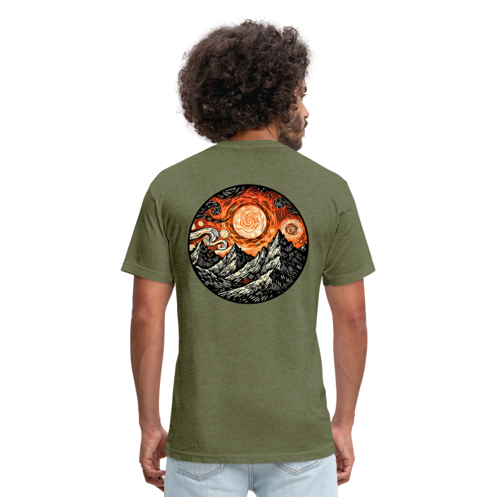 Orange Swirling Mountains Graphic Unisex Fitted Cotton/Poly T-Shirt with Logo - heather military green