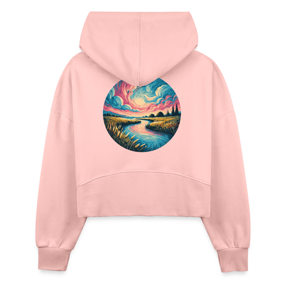 Women's River Pink and Blue Sky Graphic Half Zip Cropped Hoodie with Logo - light pink