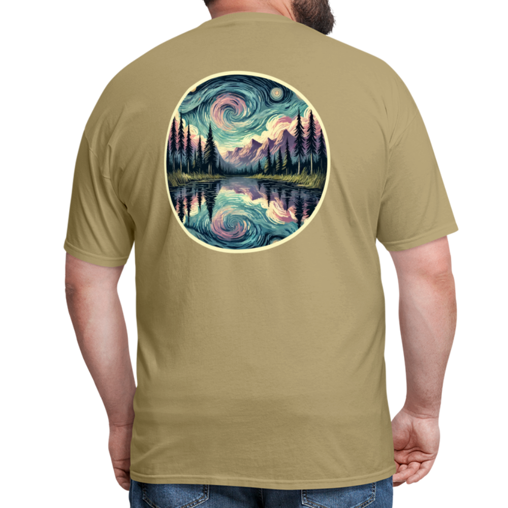 Purple Swirling Sky Reflected on Lake Graphic Unisex Classic T-Shirt with Logo - khaki