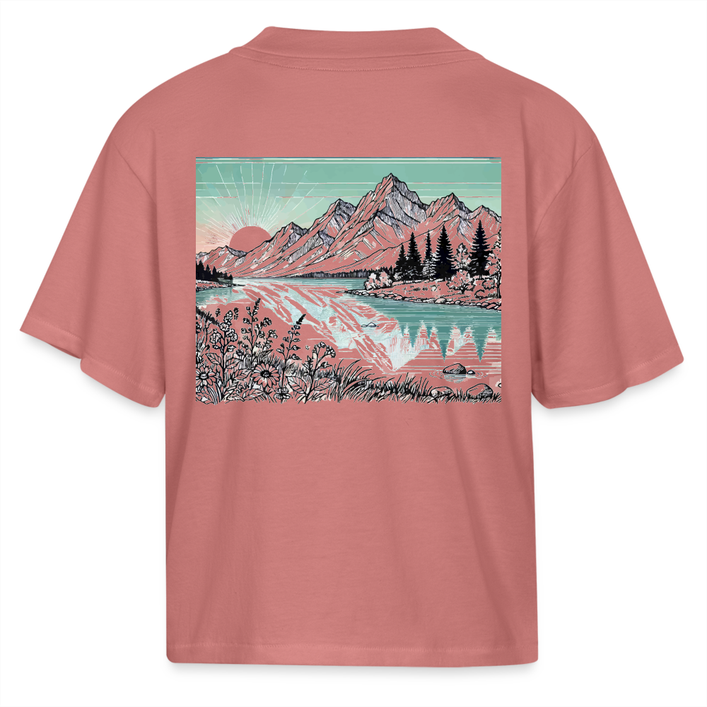 Women's Colored Mountain Lake Landscape Graphic Boxy Tee with Logo - mauve