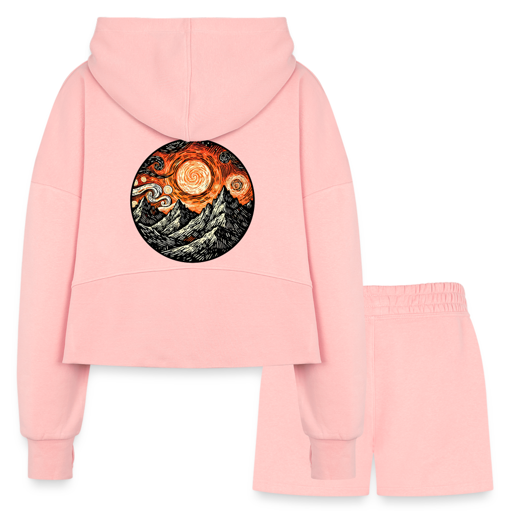 Women’s Orange Swirling Mountains Graphic Half Zip Cropped Hoodie & Jogger Short Set with Logo - light pink