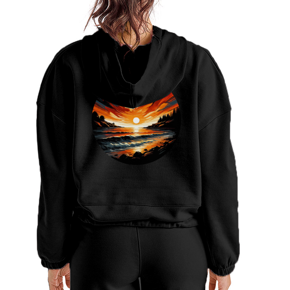 Women’s Beach Sunset Graphic Cropped Hoodie with Logo - black