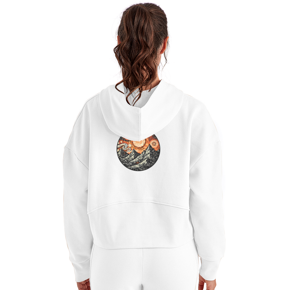 Women's Orange Swirling Mountains Graphic Half Zip Cropped Hoodie with Logo - white