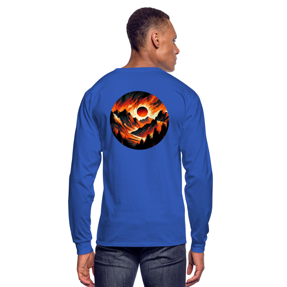 Men's Orange and Black Mountain Range Graphic Long Sleeve Shirt with Logo - royal blue