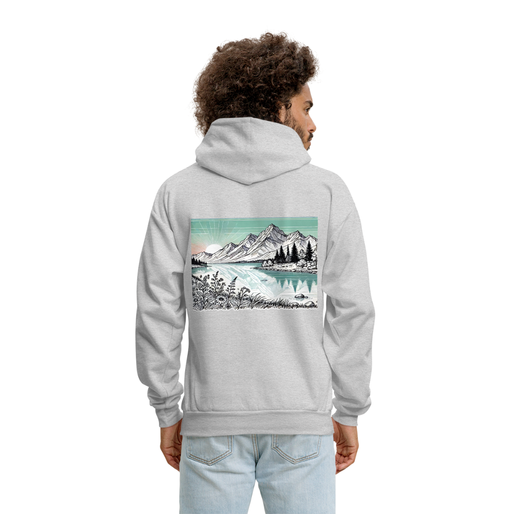 Men's Colored Mountain Lake Landscape Graphic Hoodie with Logo - ash 