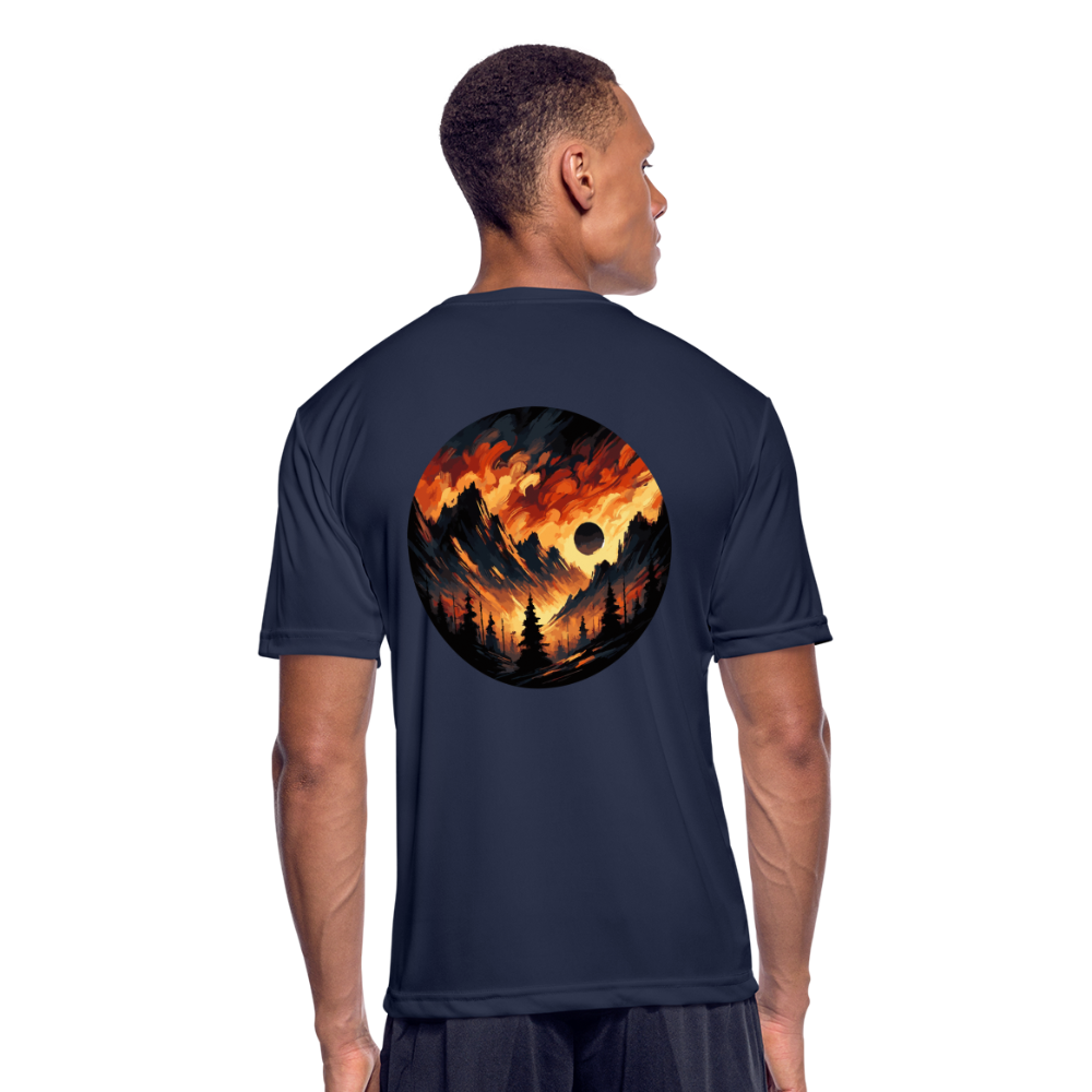 Men’s Brushed Orange and Black Mountain Range Graphic Moisture Wicking Performance T-Shirt with Logo - navy