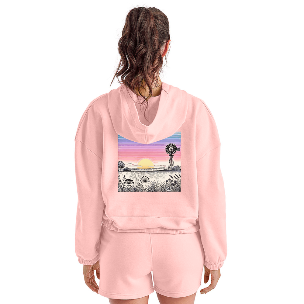 Women’s Colored Prairie Landscape Graphic Cropped Hoodie with Logo - light pink