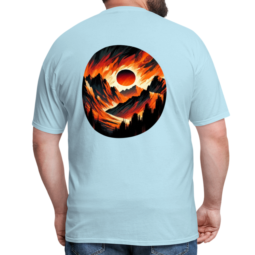 Orange and Black Mountain Range Unisex Classic T-Shirt with Logo - powder blue