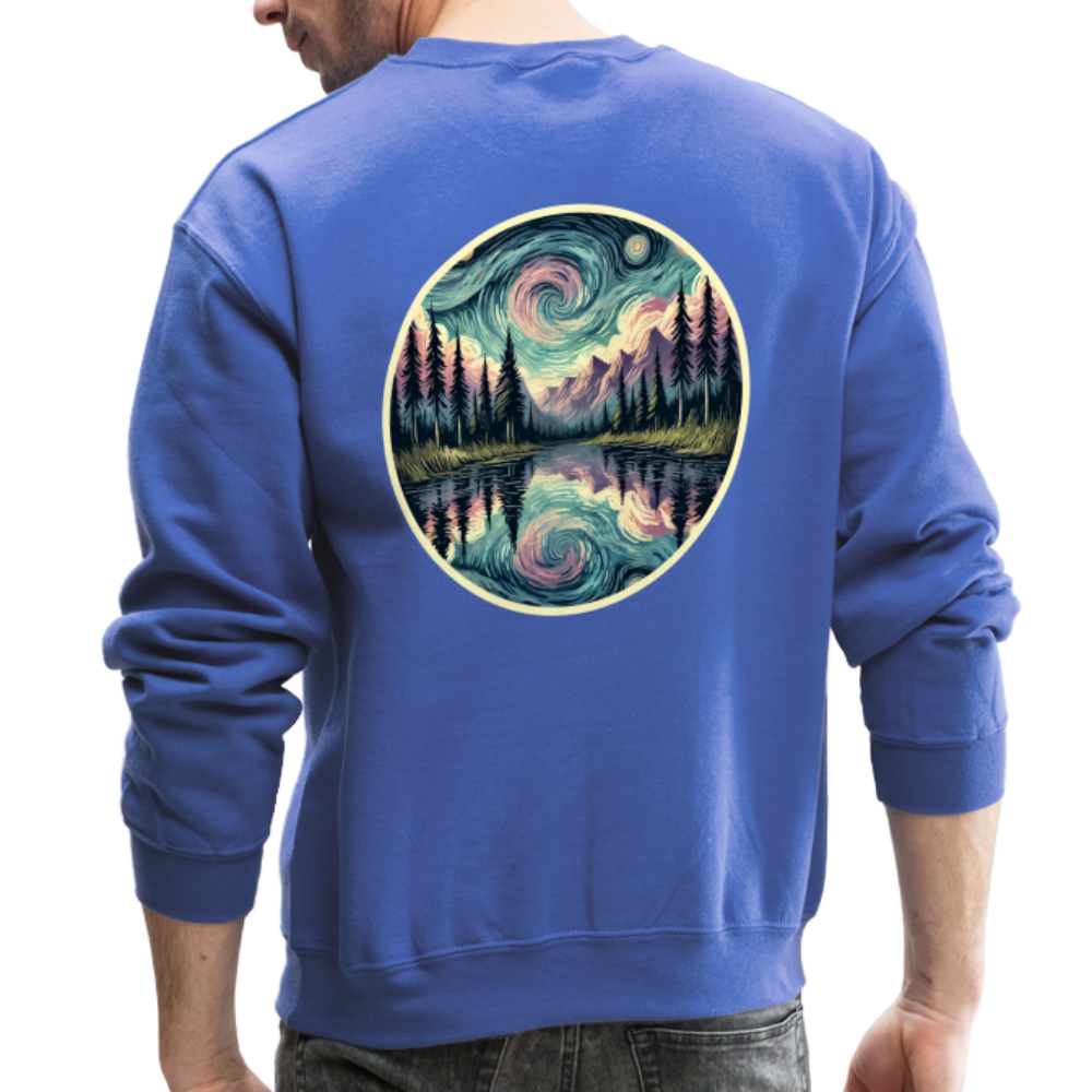 Purple Swirling Sky Reflected on Lake Graphic Crewneck Sweatshirt with Logo - royal blue