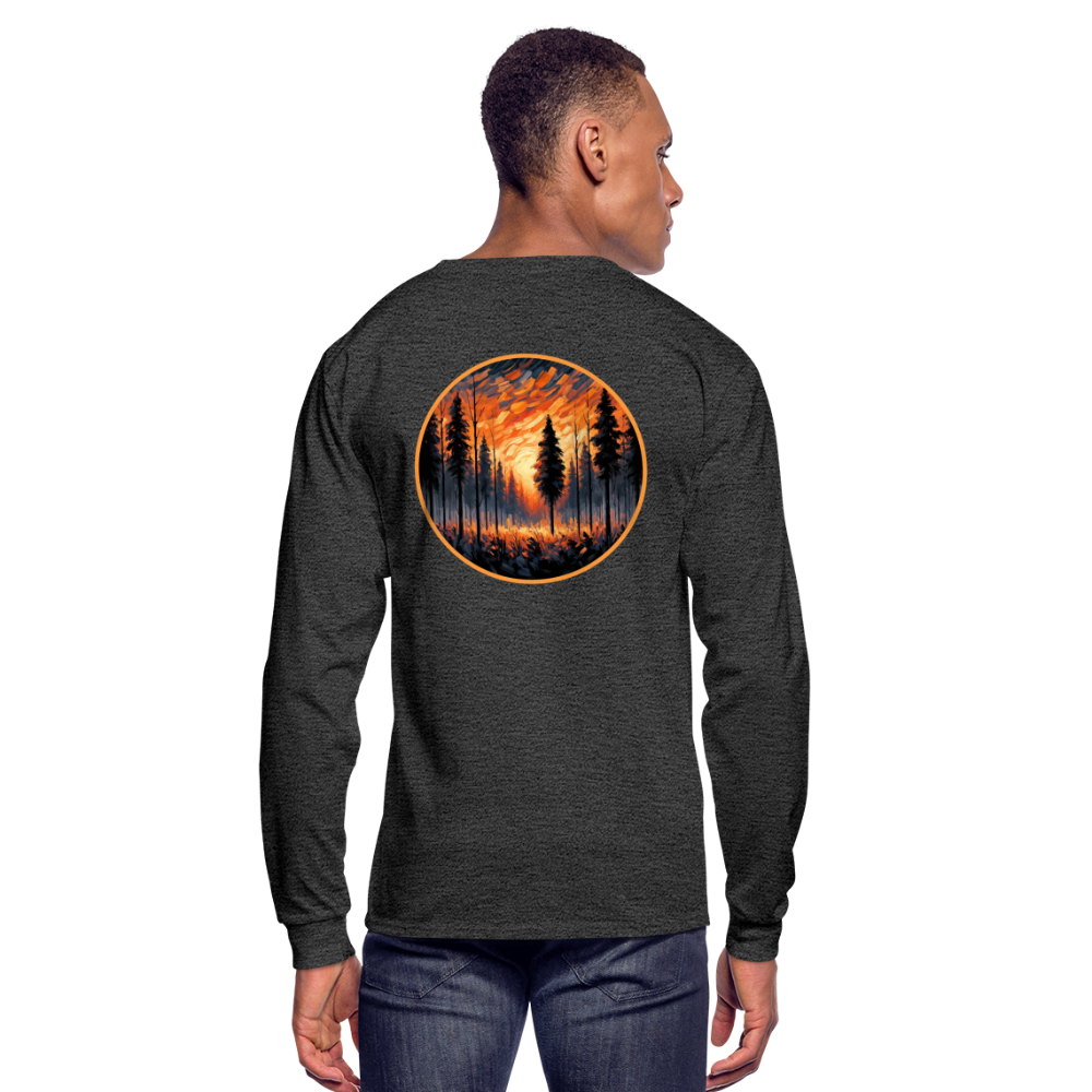 Men's Orange Forest Sunset Graphic Long Sleeve Shirt with Logo - heather black