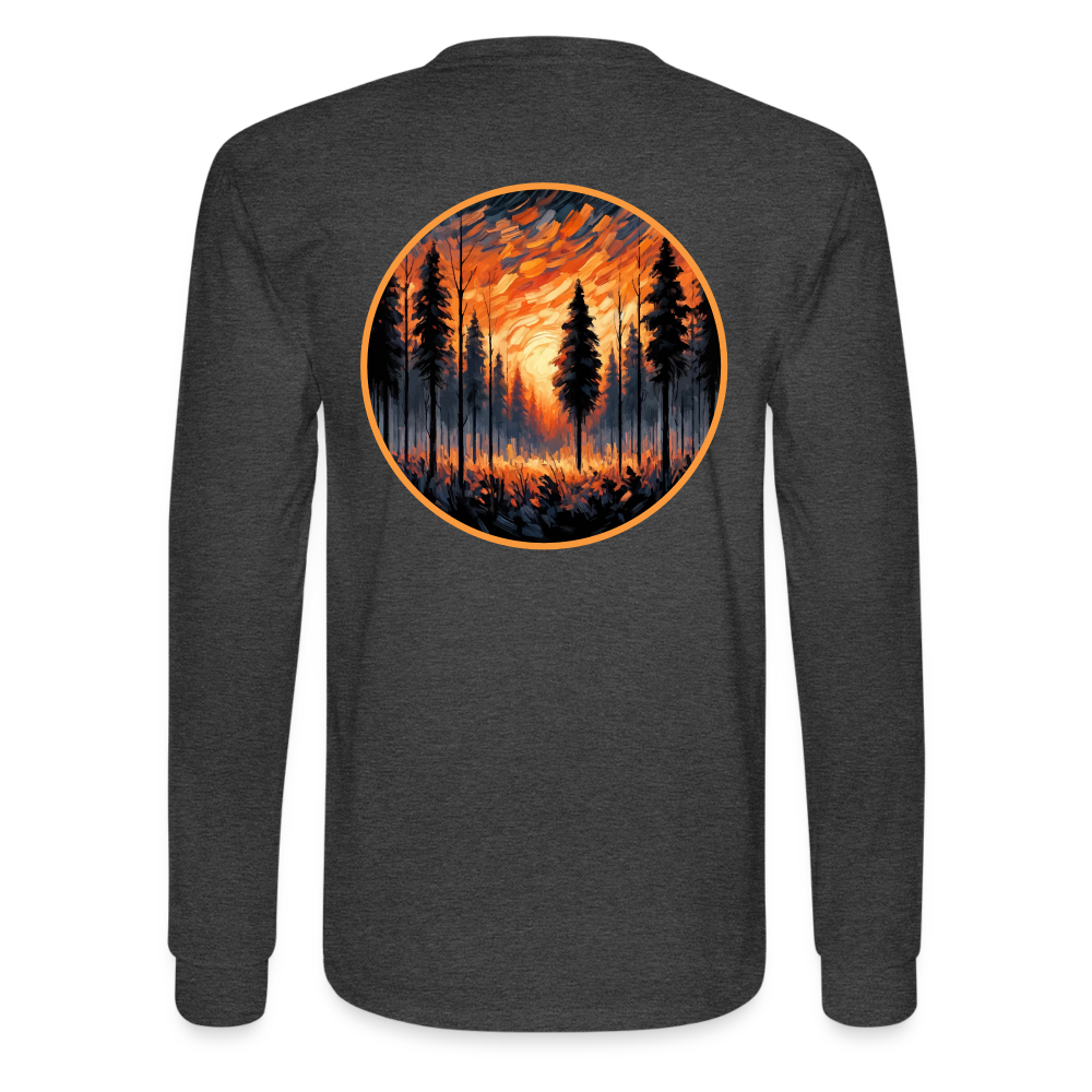 Men's Orange Forest Sunset Graphic Long Sleeve Shirt with Logo - heather black