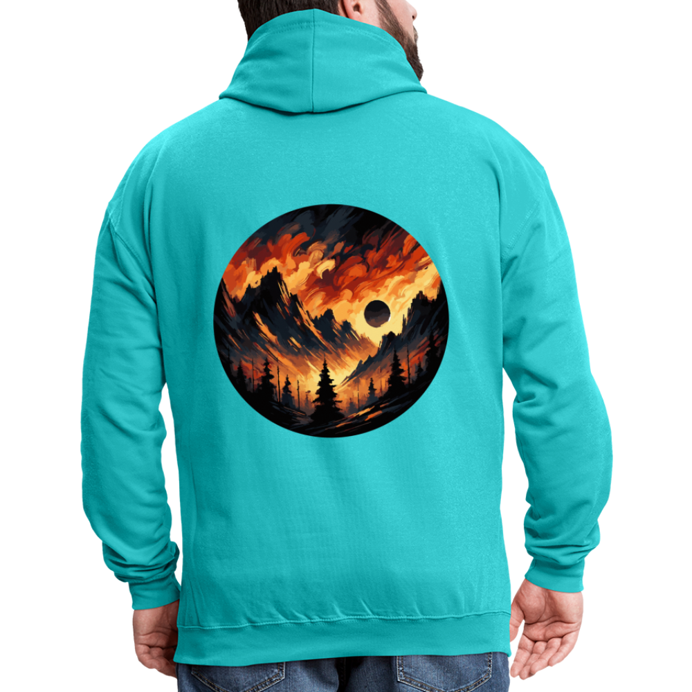 Brushed Orange and Black Mountain Range Graphic Unisex Contrast Hoodie with Logo - scuba blue/asphalt