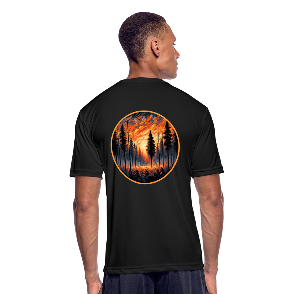 Men’s Orange Forest Sunset Graphic Moisture Wicking Performance T-Shirt with Logo - black