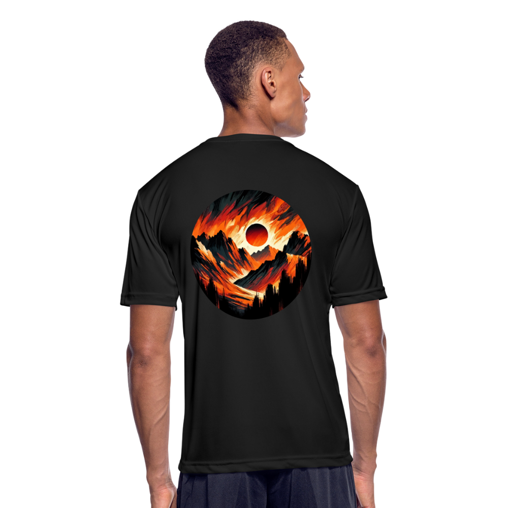 Men’s Orange and Black Mountain Range Graphic Moisture Wicking Performance T-Shirt with Logo - black