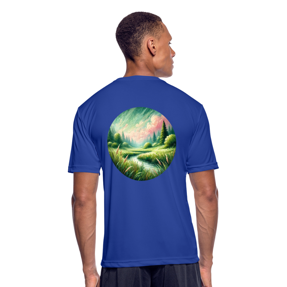 Men’s Meadow Graphic Moisture Wicking Performance T-Shirt with Logo - royal blue