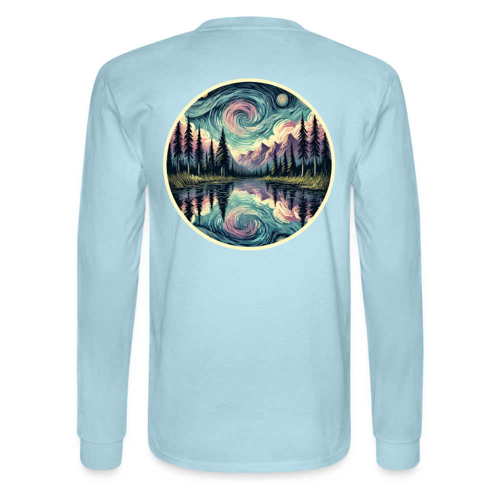 Men's Purple Swirling Sky Reflected on Lake Graphic Long Sleeve Shirt with Logo - powder blue