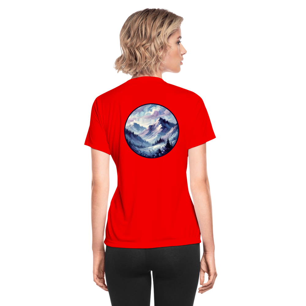 Women's Lavender Blue Mountain Range Graphic Moisture Wicking Performance T-Shirt with Logo - red