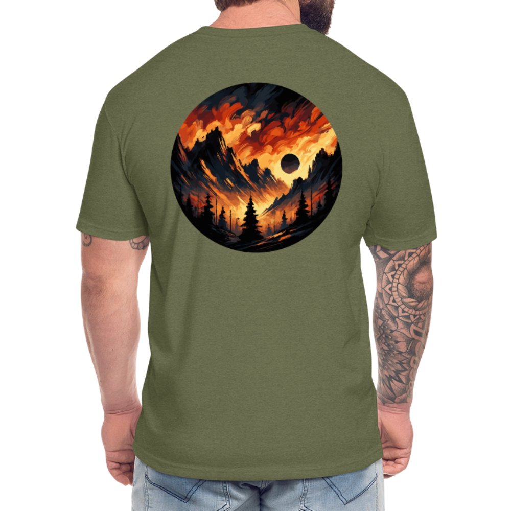 Brushed Orange and Black Mountain Range Graphic Unisex Fitted Cotton/Poly T-Shirt with Logo - heather military green