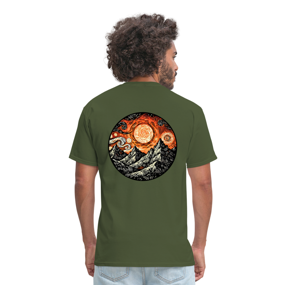 Orange Swirling Mountains Graphic Unisex Classic T-Shirt with Logo - military green