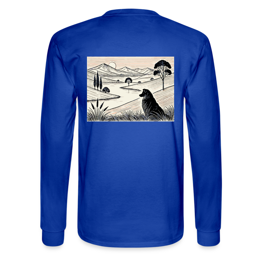 Men's Australian Shepherd Prairie Graphic Long Sleeve Shirt with Logo - royal blue