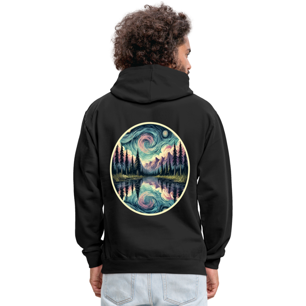 Purple Swirling Sky Reflected on Lake Graphic Unisex Contrast Hoodie with Logo - black/asphalt